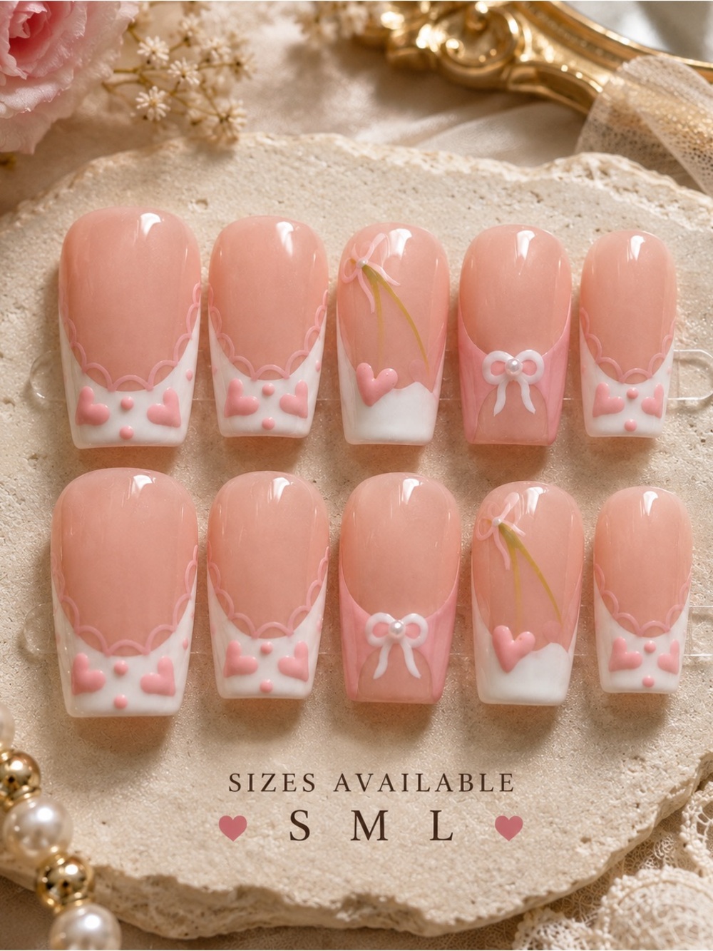 Peach Pink Heart & Bow Press-On Nails - Women